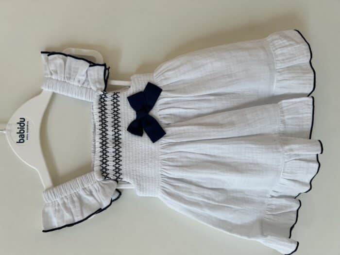 SALE Babidu jurkje met strik wit/d.blauw